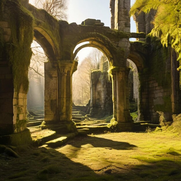 Photo des arches de pierre recouvertes de mousse se dressent seules parmi les vestiges d'une civilisation oubliée.