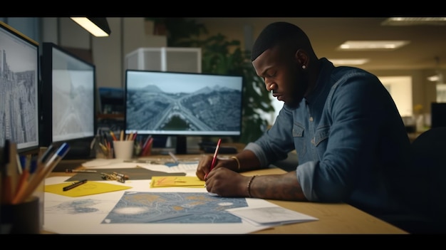 Architecte afro-américain travaillant dans un bureau avec un ordinateur portable Portrait d'affaires d'un homme noir beau barbu portant des lunettes assis sur le lieu de travail