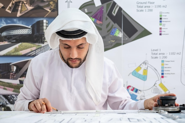 Architecte arabe concentré travaillant sur un nouveau projet