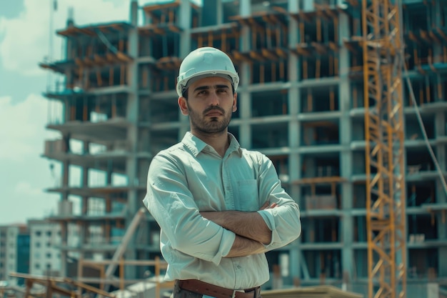 L'architecte au casque blanc pose avec confiance sur le chantier de construction