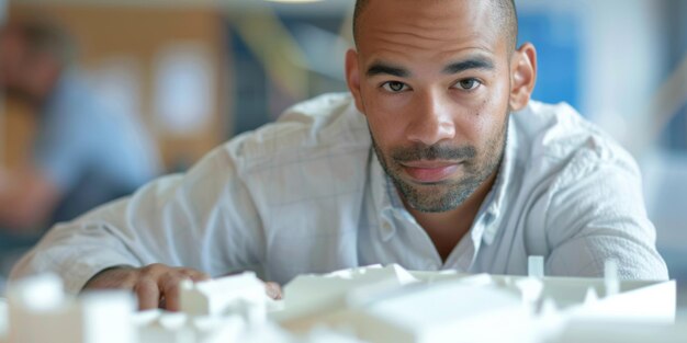 Photo architecte biracial masculin travaillant sur une maquette de bâtiment au bureau ai générative