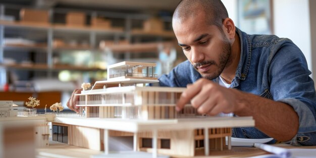 Photo architecte biracial masculin travaillant sur une maquette de bâtiment au bureau ai générative