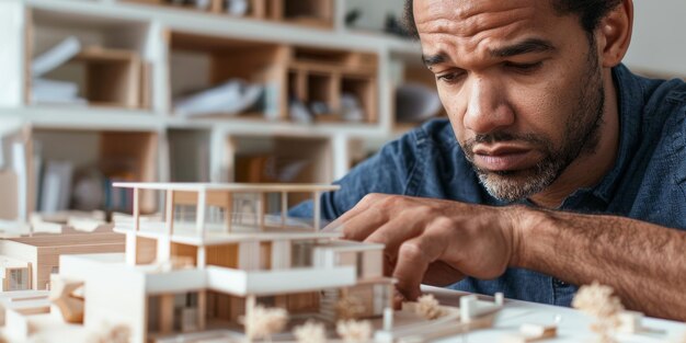 Photo architecte biracial masculin travaillant sur une maquette de bâtiment au bureau ai générative