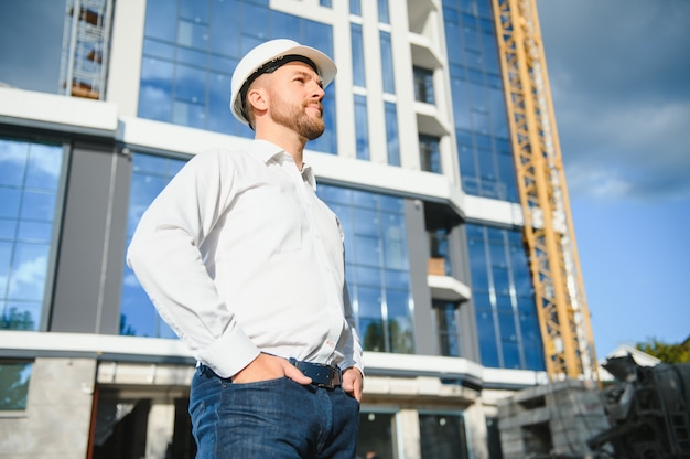 Architecte en casque près du nouveau bâtiment