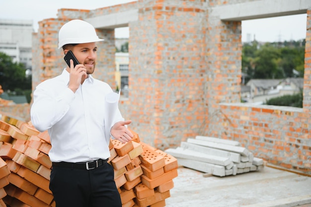 Architecte sur un chantier de construction avec plans