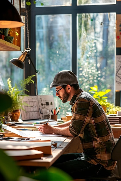 Un architecte concevant dans un studio dans un bureau moderne écologique