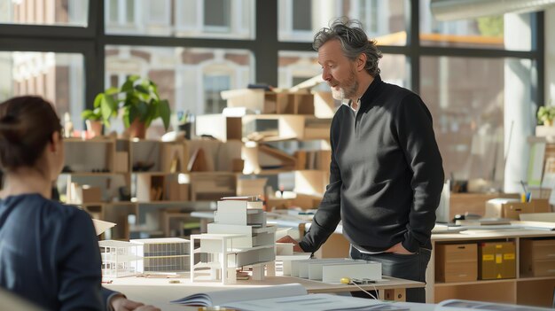 Un architecte confiant discute de dessins avec une collègue dans un bureau moderne avec de grandes fenêtres.