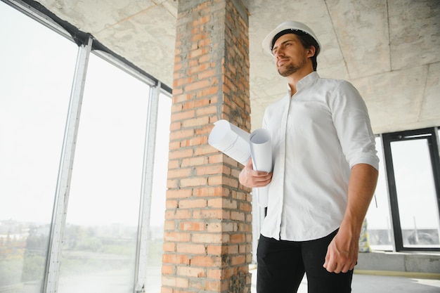 Architecte d'entreprise homme portant un casque debout d'un projet de construction