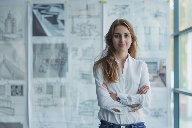 architecte féminine debout à côté de dessins d'architecture dans le bureau