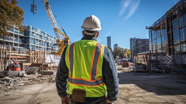 Architecte ou ingénieur civil debout à l'extérieur, dos à la caméra sur un chantier de construction par temps clair. Les hommes portaient des chemises et des gilets de sécurité