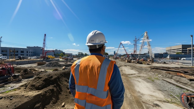 Architecte ou ingénieur civil debout à l'extérieur, dos à la caméra sur un chantier de construction par temps clair. Les hommes portaient des chemises et des gilets de sécurité