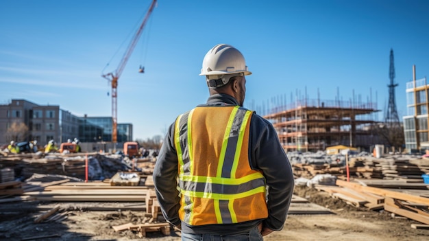 Architecte ou ingénieur civil debout à l'extérieur, dos à la caméra sur un chantier de construction par temps clair. Les hommes portaient des chemises et des gilets de sécurité