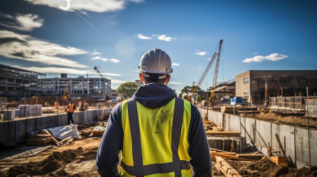 Architecte ou ingénieur civil debout à l'extérieur, dos à la caméra sur un chantier de construction par temps clair. Les hommes portaient des chemises et des gilets de sécurité