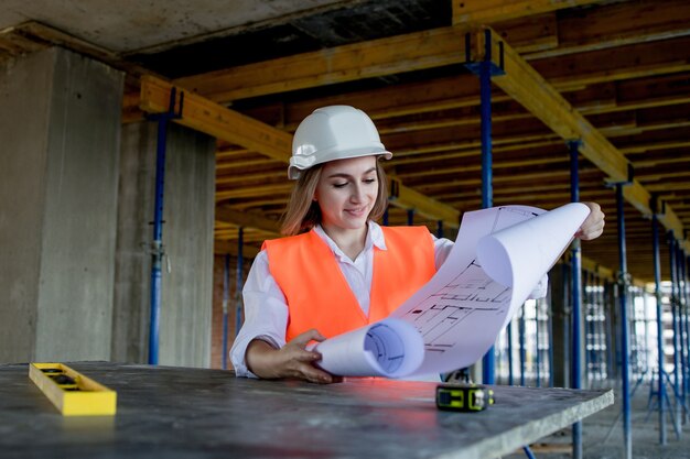 Architecte ou ingénieur travaillant, parcourant le projet de construction à l'intérieur du chantier de construction avec plan directeur.