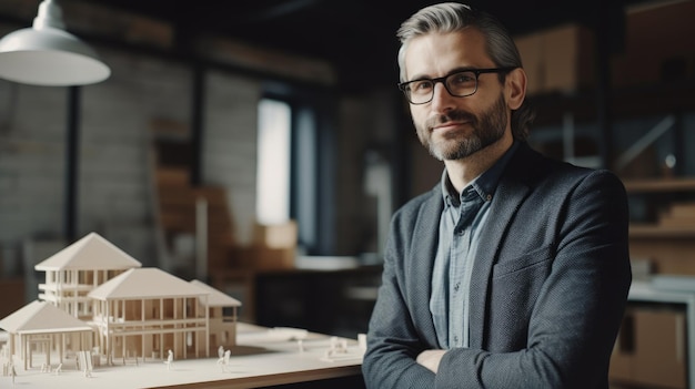 Photo un architecte masculin tenant un modèle de bâtiment au bureau generative ai aig21