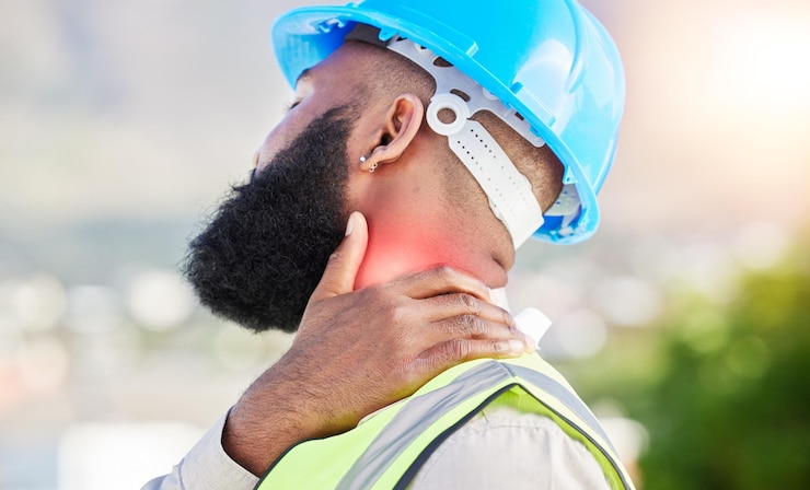 Photo architecte noir et mains avec douleurs au cou en ville à cause d'une blessure, d'un accident ou d'une tension musculaire sur le toit. vue rapprochée d'un homme avec des douleurs osseuses ou une inflammation articulaire pendant la construction sur le chantier.