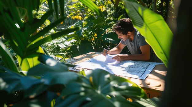 Photo architecte paysagiste examinant les plans du jardin aig41