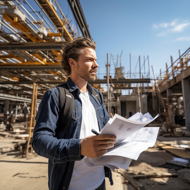 Un architecte avec des plans sur un chantier