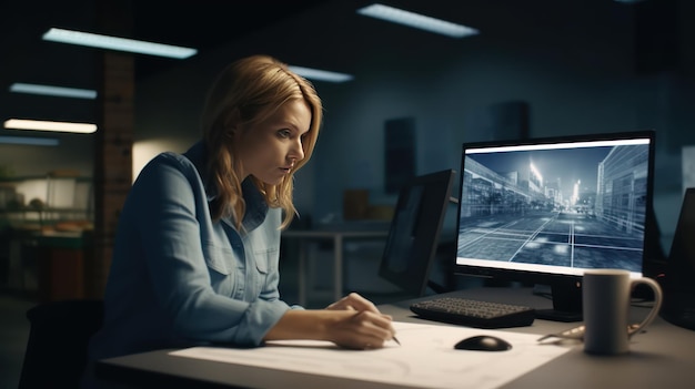Une architecte professionnelle travaillant sur un plan de bâtiment à l'aide d'équipements de technologie moderne, d'un écran tactile et d'un ordinateur.