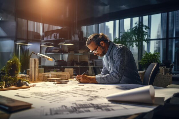 Architecte travaillant dans un bureau avec un ingénieur des plans