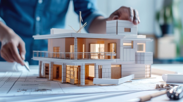 Architecte travaillant sur un modèle à l'échelle détaillée d'une maison moderne sur des plans architecturaux mettant en évidence le processus de conception et de planification