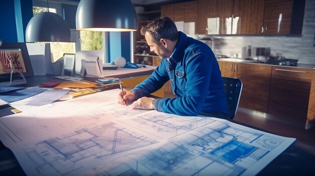 Architecte travaillant sur un plan de construction dans un bureau