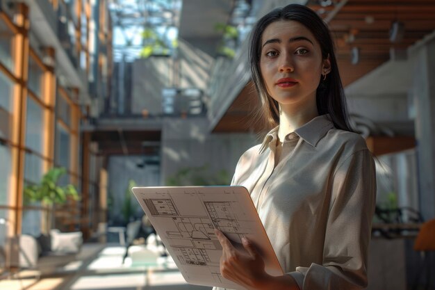 Une architecte utilisant une tablette qui regarde la caméra