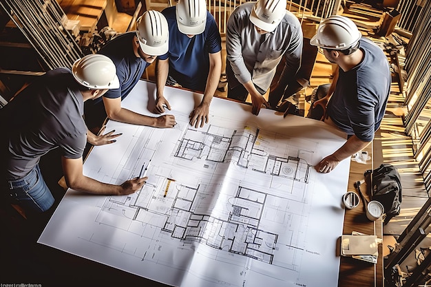 Architectes et ingénieurs travaillant avec le plan sur le chantier de construction Concept de construction