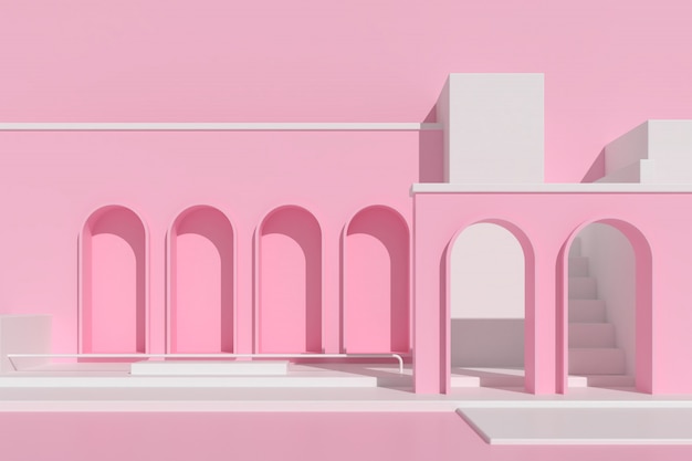 Architecture abstraite avec escalier sur fond rose.