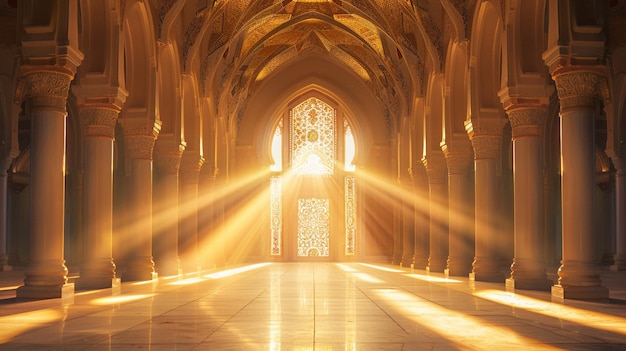 l'architecture arabe avec de beaux rayons de lumière et des arches islamiques générées par ai