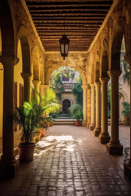 une architecture coloniale éclairée par la lumière du matin avec des cadres de fenêtres en bois ornés et construits en