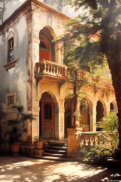 une architecture coloniale éclairée par la lumière du matin avec des cadres de fenêtres en bois ornés et construits en