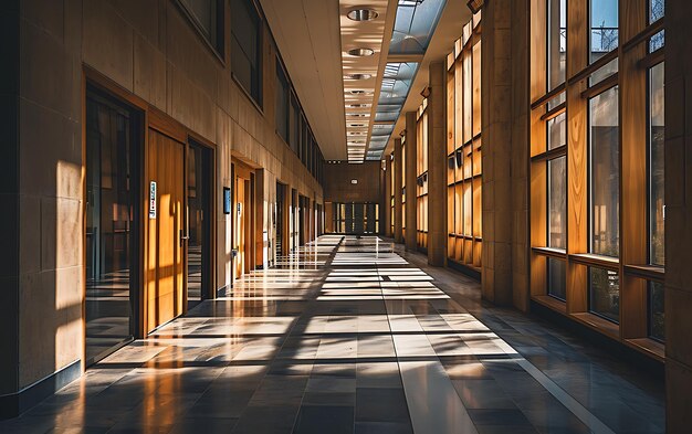 L'architecture est propre. Long hall avec des portes des deux côtés.