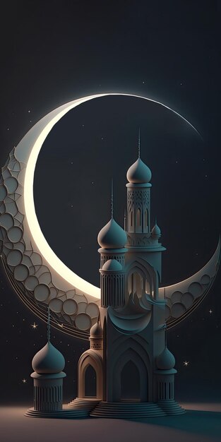 Une architecture étonnante, une mosquée musulmane brillante et un design floral décoré de croissant de lune, un concept de Ramadan Mubarak, une IA générative.