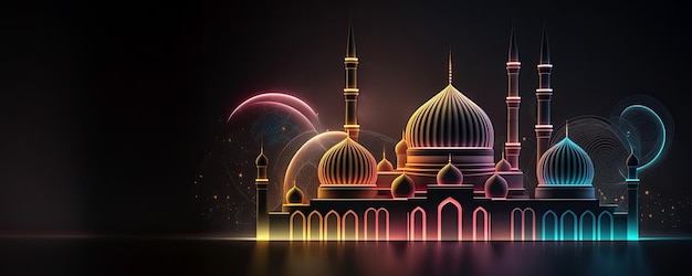 Une architecture étonnante d'une mosquée musulmane décorée de lumières colorées concept de Ramadan Mubarak IA générative Lumières brillantes
