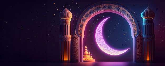 Une architecture étonnante de la mosquée musulmane, la lune croissante, le concept de Ramadan Mubarak, l'IA générative, les lumières brillantes.