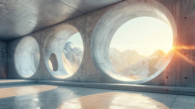 Une architecture futuriste abstraite rendue en 3D sur un sol en béton