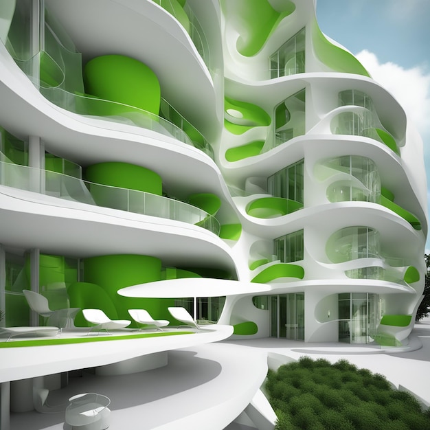 Photo architecture futuriste conception de bâtiment durable peinte en blanc hôtel de luxe vert