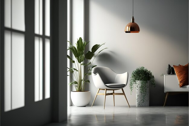 architecture intérieure blanche moderne propre chaise simple tapis murs en béton meubles de plantes en pot