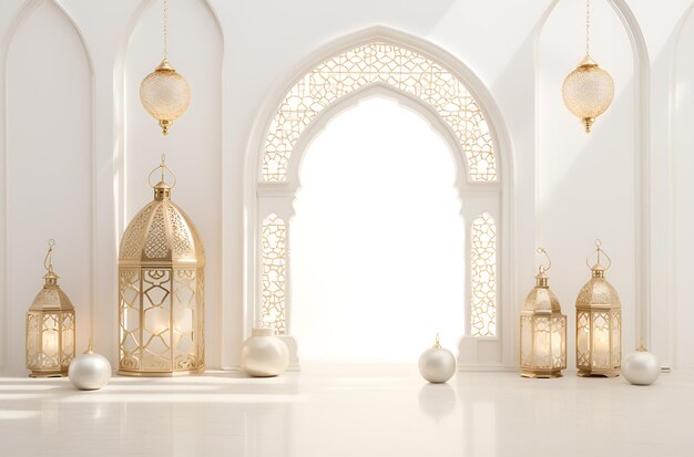 architecture islamique blanche sur fond blanc avec lanternes arabes Ai générative