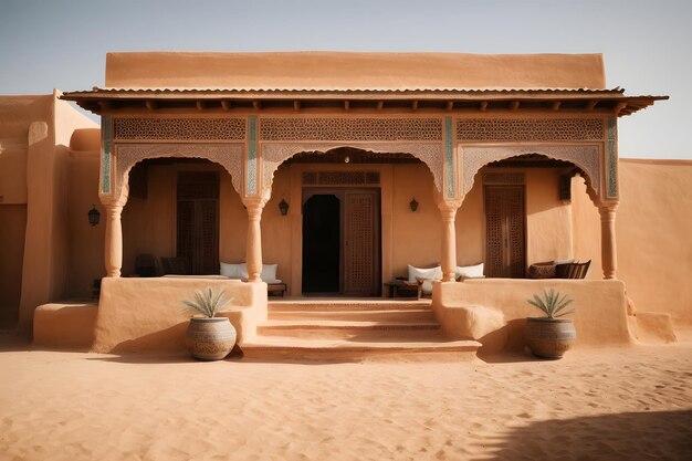 Photo architecture de maison ancienne traditionnelle avec des palmiers dans le style arabe du désert du sahara