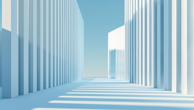 L'architecture minimaliste abstraite avec de hautes colonnes blanches sous un ciel bleu clair créant une atmosphère sereine
