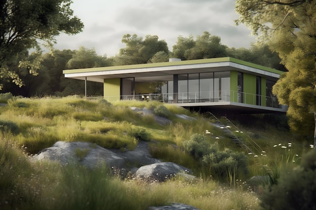 Architecture moderne abstraite de maison de toit plat moderne dans la nature