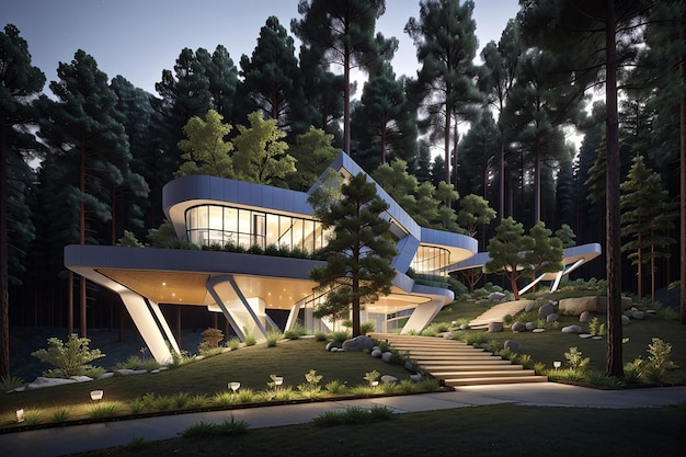 L'architecture et la nature se confondent dans une forêt de design moderne.