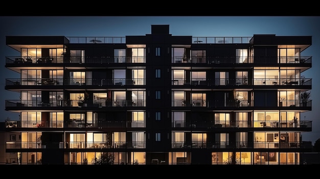 Architecture nocturne contemporaine avec des fenêtres et des balcons uniformes dans un concept de silhouette d'édifice résidentiel ou hôtelier