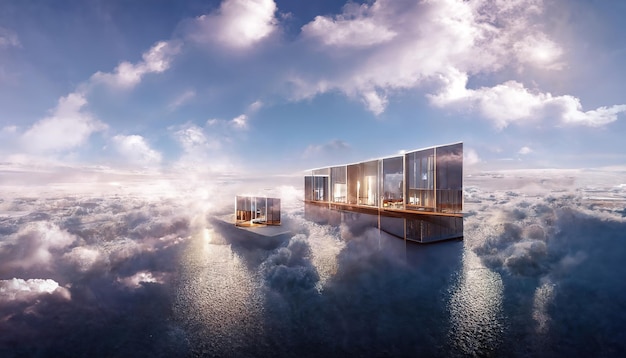 Architecture en nuage Nuages de paysage futuriste abstrait au coucher du soleil reflet dans l'eau Bâtiments en verre modernes Illustration 3D