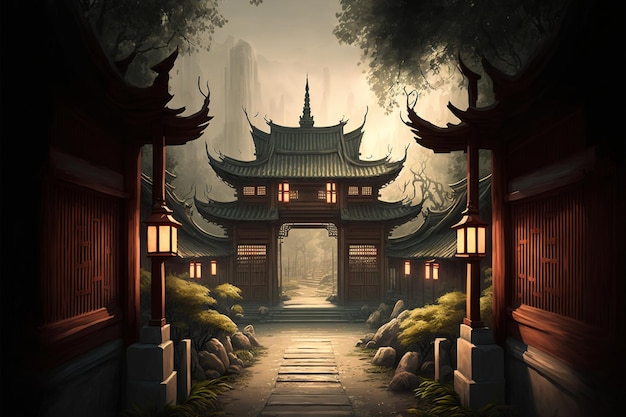 Architecture orientale de style avec une porte et un chemin menant à la pagode ai générative