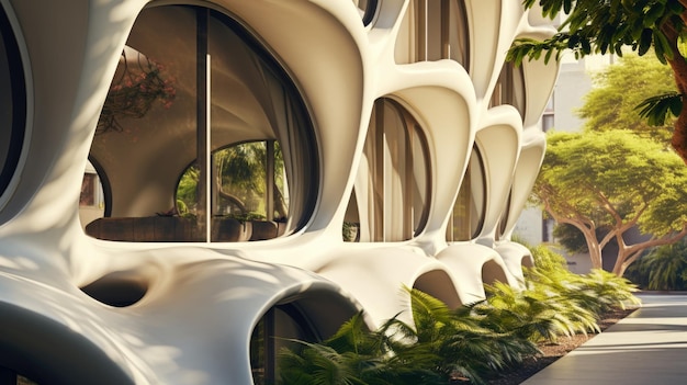 Architecture de la ville futuriste bâtiment de conception extérieure avec des plantes vertes et une passerelle maison urbaine moderne en été Concept de la nature verdure éco et futur