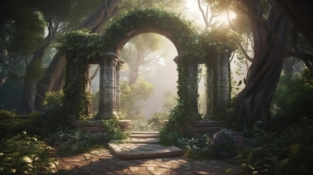 Archway dans un paysage de forêt de fées enchanté humeur sombre et brumeuse AI Generative