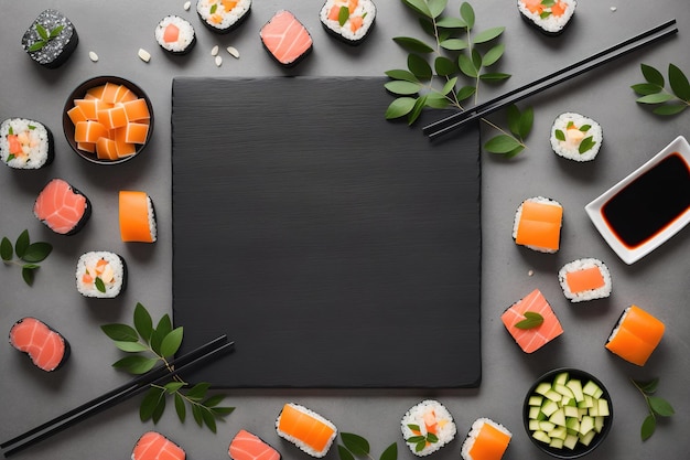 Ardoise noire carrée avec sushi sur fond gris Generative AI